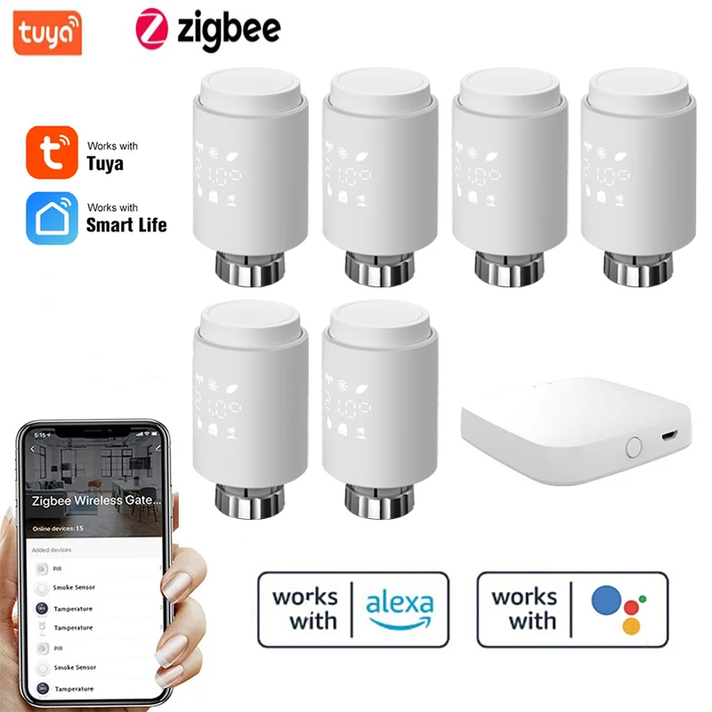 Термостат Tuya ZigBee с приводом радиатора, умный термостатический клапан с поддержкой Alexa и Google Home, 1-5 шт.