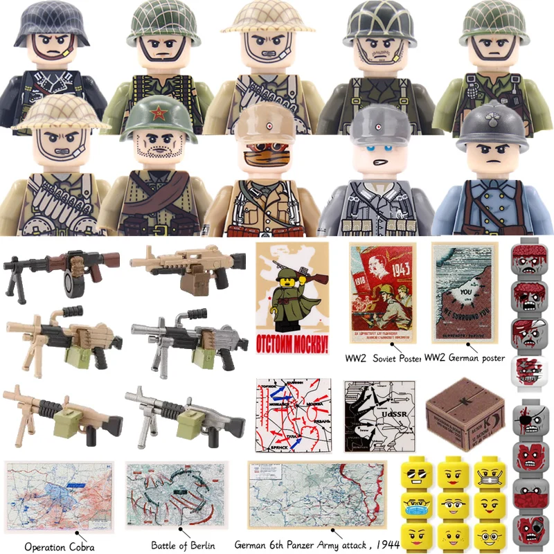 Военные строительные блоки WW2, фигурки солдата, подарки, игрушки, оружие, ружье, карта управления, поставки плаката, выражение головы, мини-блоки