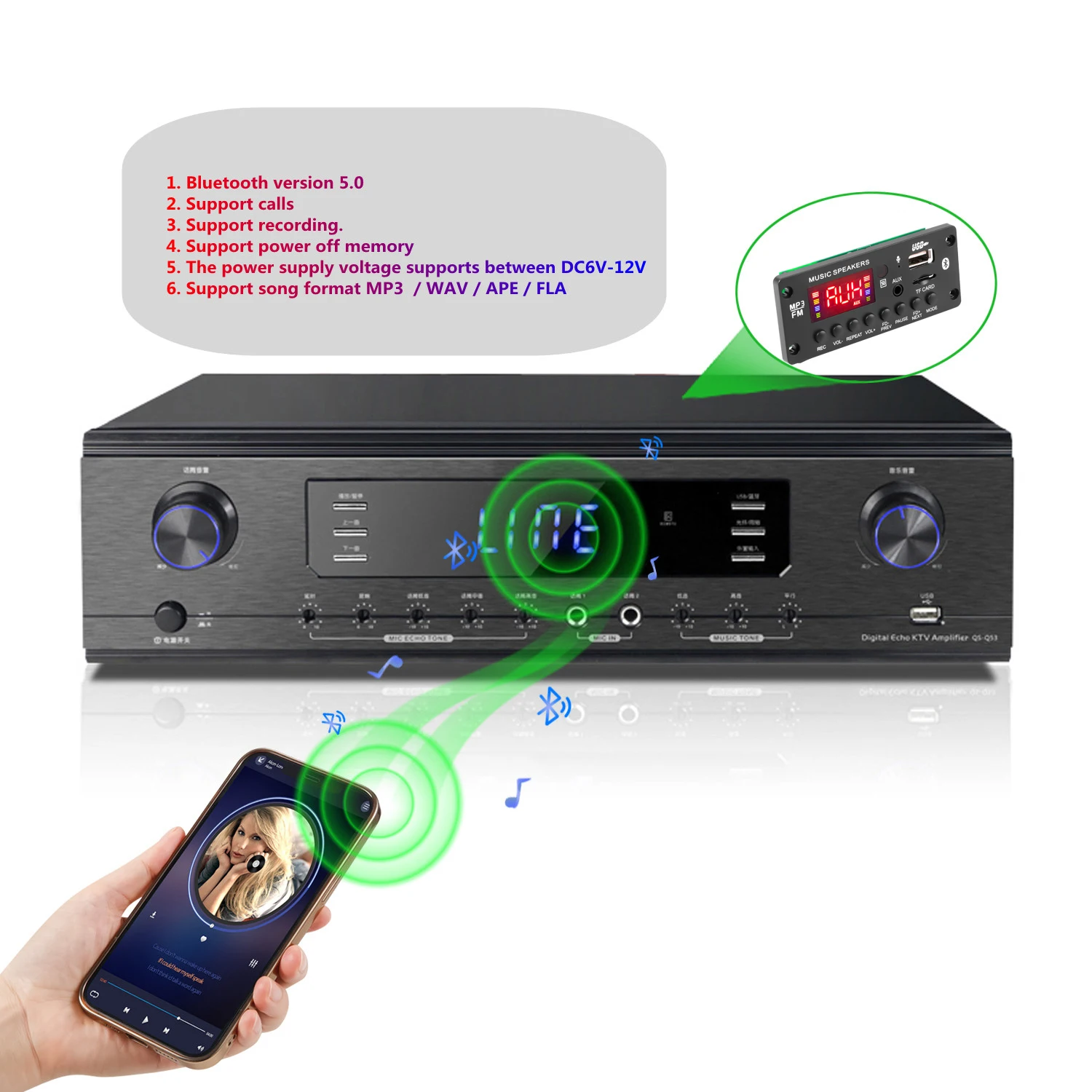 50 Вт усилитель, Bluetooth MP3 декодер, плата, устройство для самостоятельной сборки, mp3-плеер, автомобильный модуль FM-радио, TF USB микрофон, запись звонков по громкой связи