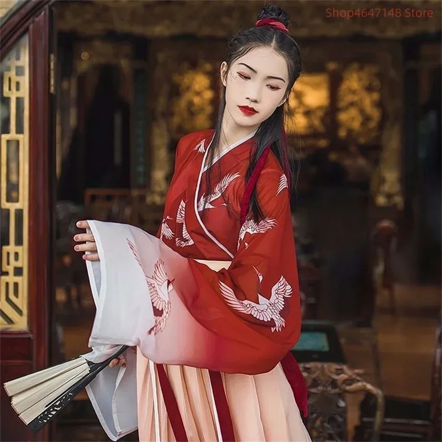 Фото Vestido Hanfu rojo de estilo chino Retro para mujer, conjunto de falda традиционный Китай, кимоно largo, Kawaii, фиеста №4