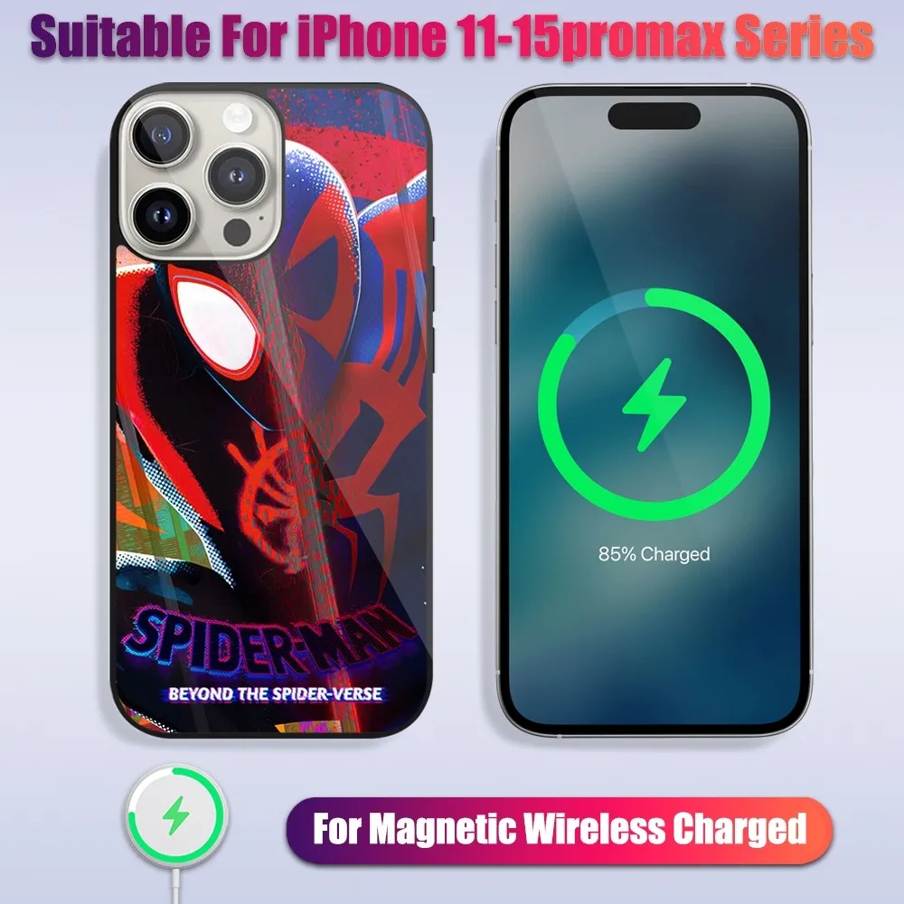 Фото MINISO S-Spider-Man Verse Beyond чехол для телефона iPhone 13 14 15 11 12 Pro Max Plus стеклянная зарядка Магнитный чехол Magsafe №2