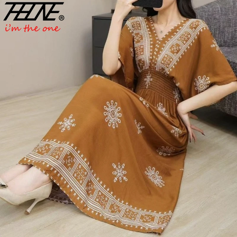 THHONE длинное летнее платье макси женская одежда халат Vestidos Boho пляжный принт с цветочным принтом повседневное сексуальное хлопковое льняное платье больших размеров винтажное