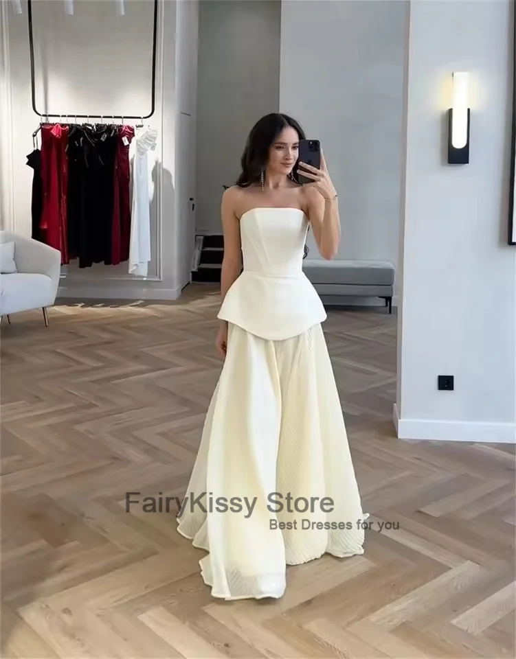 Фото FairyKissy Элегантные белые платья для выпускного вечера без бретелек Свадебные платья трапециевидной формы без рукавов на шнуровке длиной до пола, вечерние платья №2