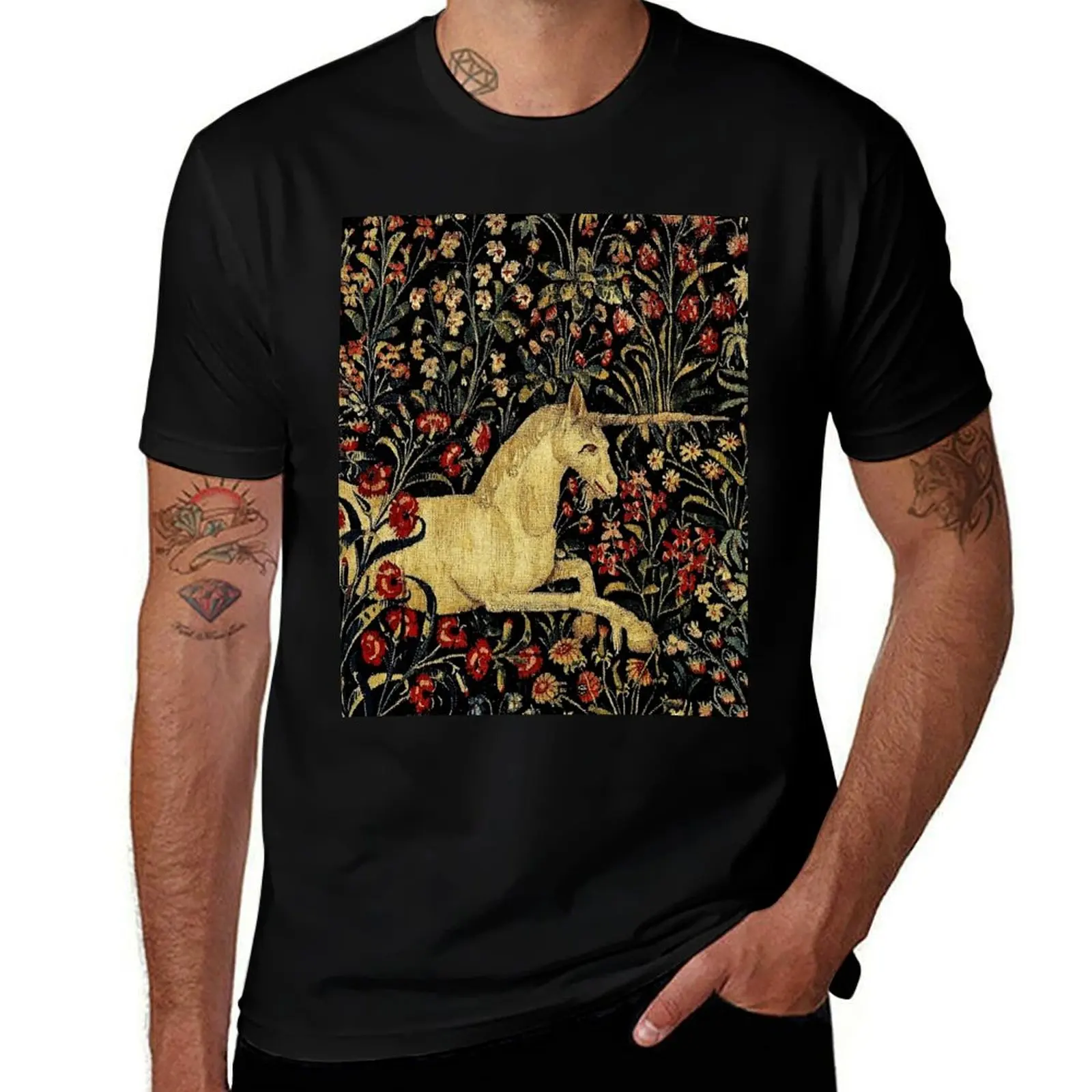 Средневековая футболка с единорогом Midnight Floral Tapestry, футболка большого размера с рисунком, быстросохнущие мужские футболки с рисунком аниме