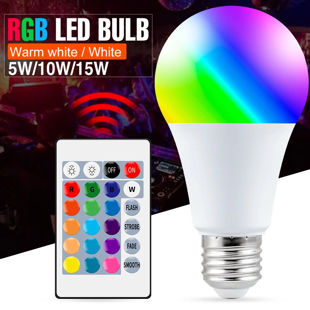 RGB Лампа E27 RGB Ampul Светодиодная лампа 110 В RGB Атмосфера Свет Светодиодная лампа 220 В с дистанционным управлением 5/10/15 Вт Лампа для украшения вечеринки