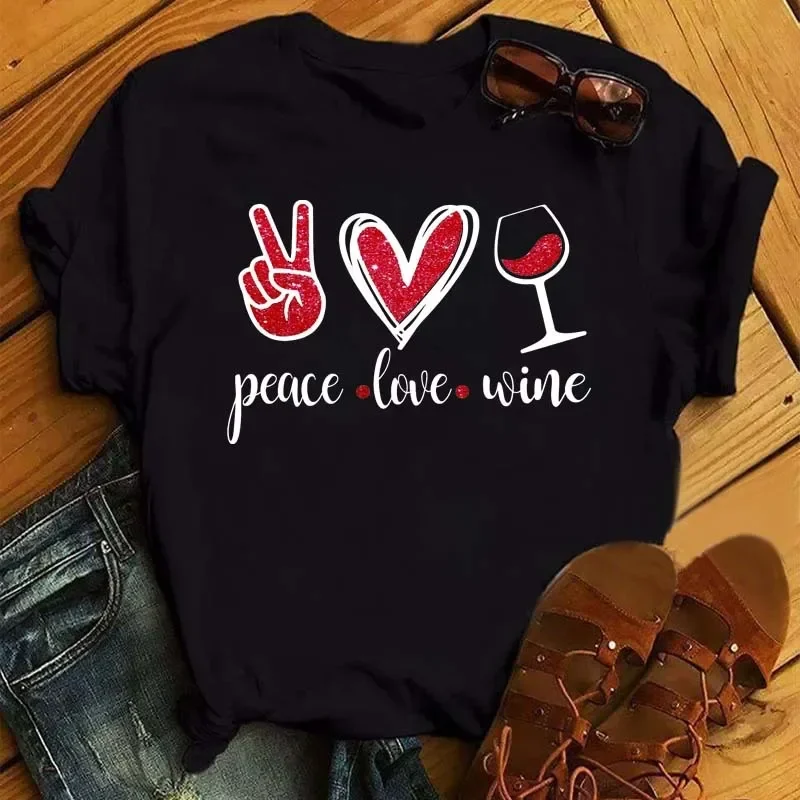 Футболка с принтом вина Peace Love, Женская свободная футболка с коротким рукавом и круглым вырезом, летняя женская футболка, топы, одежда, женские футболки