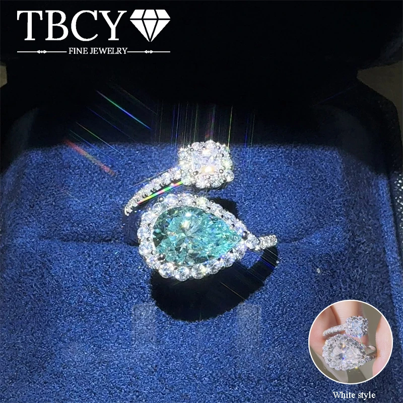 TBCYD 2-каратное сине-зеленое кольцо с муассанитом в форме капли воды для женщин, посеребренное белое золото 925 пробы с грушевидной огранкой GRA, обручальные украшения