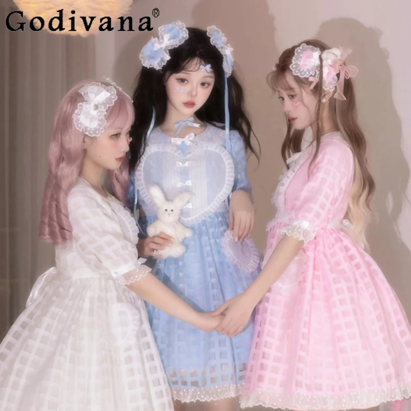 Оригинальное милое мягкое платье Kawaii для девочек в стиле Лолиты, женское платье с высокой талией Y2k, розовое короткое платье принцессы с бантом Love, лето 2025