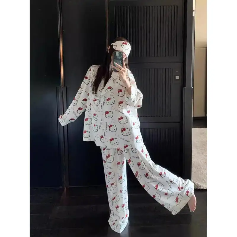 Фото 2 шт., аниме «Hello Kitty», осенне-зимняя мода, можно носить на улице, брючный костюм с длинными рукавами, кавайная удобная пижама для девочек №5