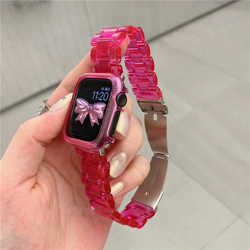 Ремешок прозрачный для Apple Watch Band 49 мм 45 мм 41 44 мм 38 42 40, жесткий браслет из поликарбоната для iWatch Series 8 7 SE 6 5 4 3 2, цвет розово-красный