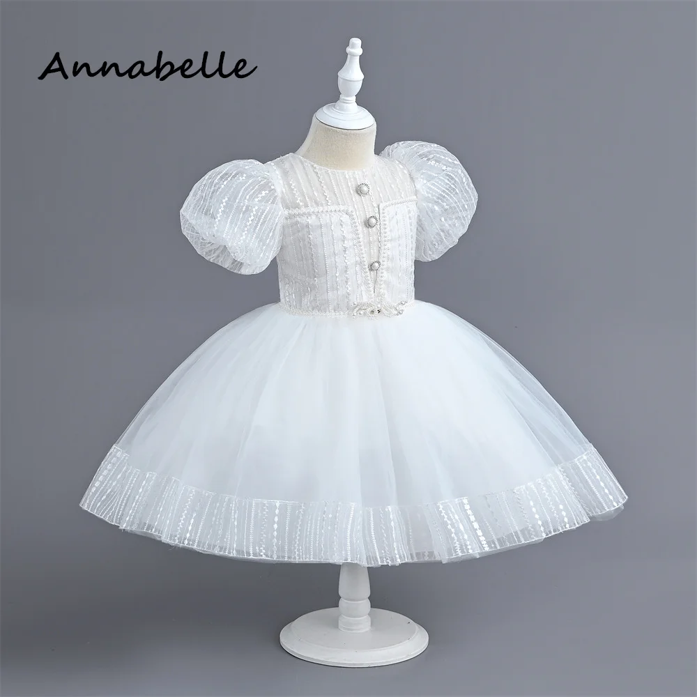 Фото Платье для девочки Annabelle с цветочным рисунком, пышное кружевное детское свадебное милое платье с бантом, белое платье для девочки с принтом и бантом на день рождения, новинка 2024 №3