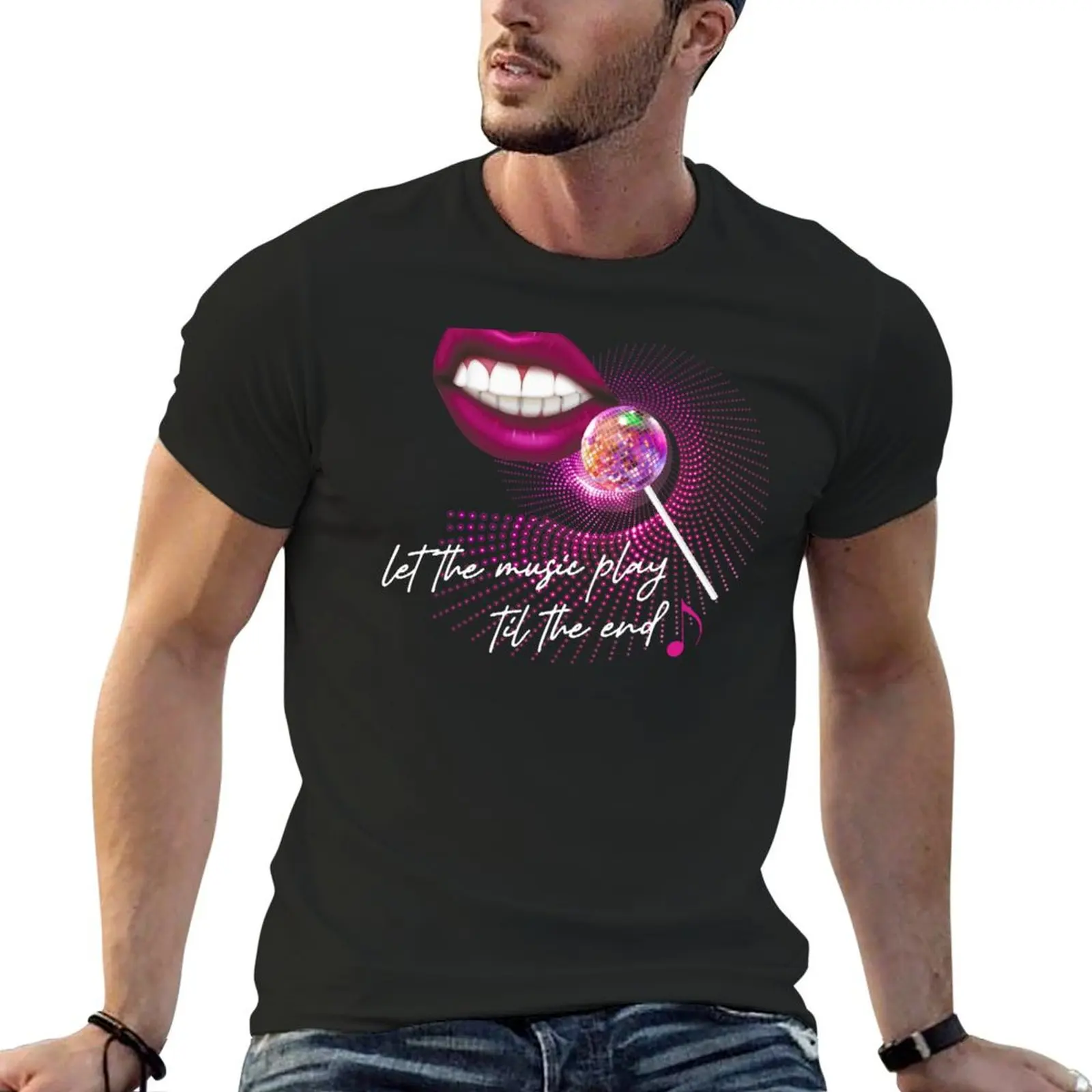 Let The Music Play Til The End Pink Lips Mirrorball Lollipop микрофон Music Note Trustfall футболка