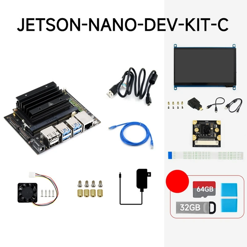 Макетный комплект для Jetson Nano 4G с камерой 800 Вт + сетевой кабель + USB-накопитель 32 ГБ + SD-карта 64 ГБ + считыватель + кабель питания
