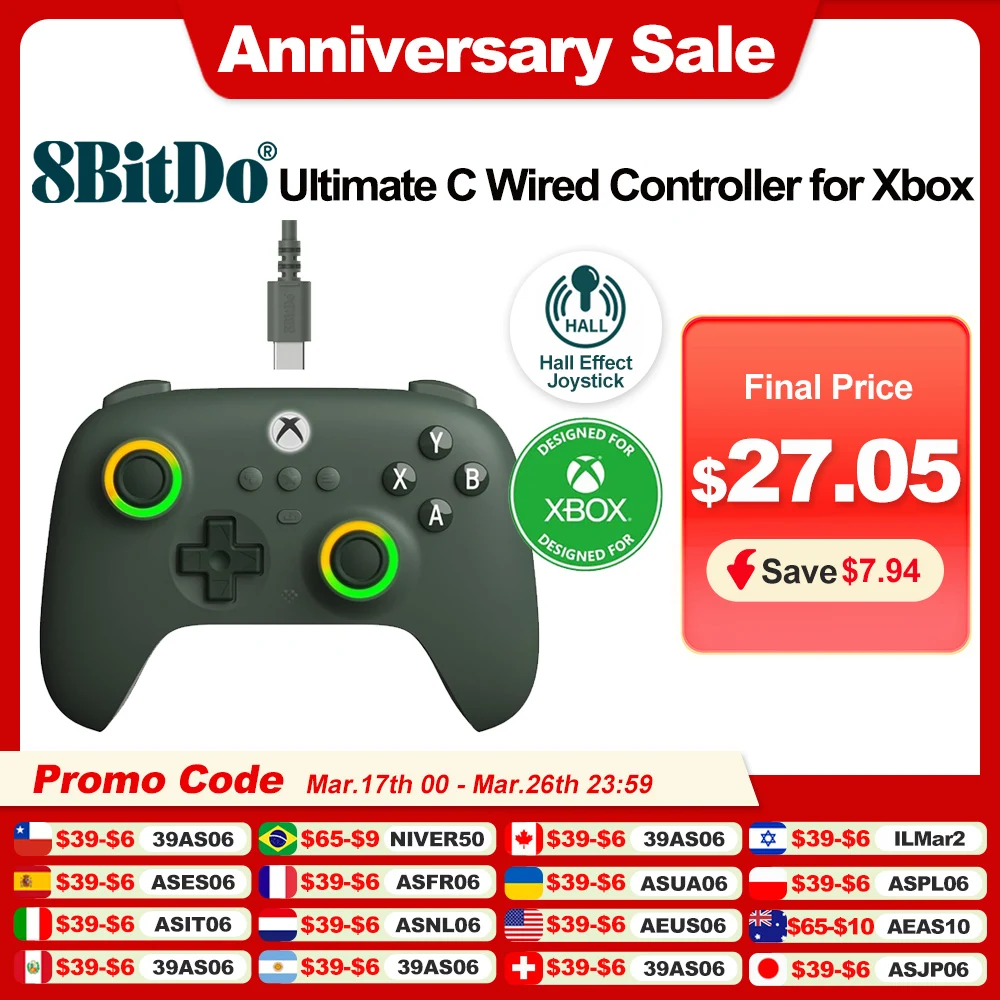Проводной игровой контроллер 8BitDo Ultimate C Xbox для ПК Serie S X One Windows 10 11, проводные джойстики с эффектом Холла, кольцо с RGB-подсветкой