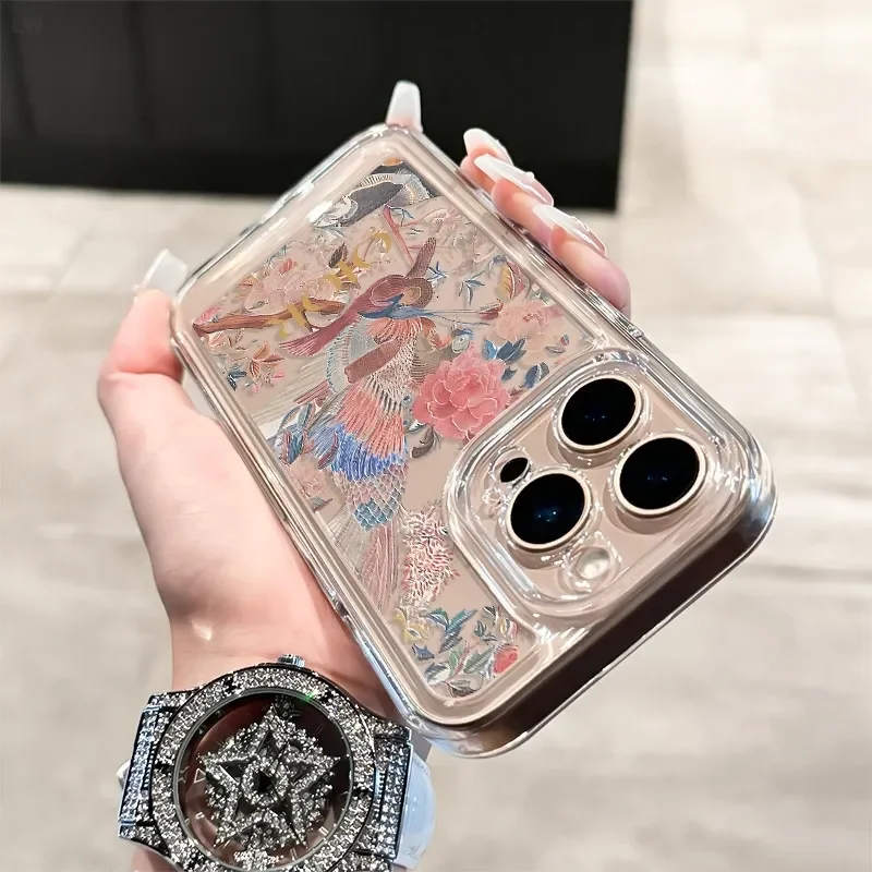 Чехол для телефона для iPhone 16, 15, 14, 13, 12, 11 Pro Max Plus, китайский стиль, цветочный птичий принт, INS Art, противоударный защитный мягкий чехол (art.: 3920d0f29bbfb) - 3920d0f29bbfb
