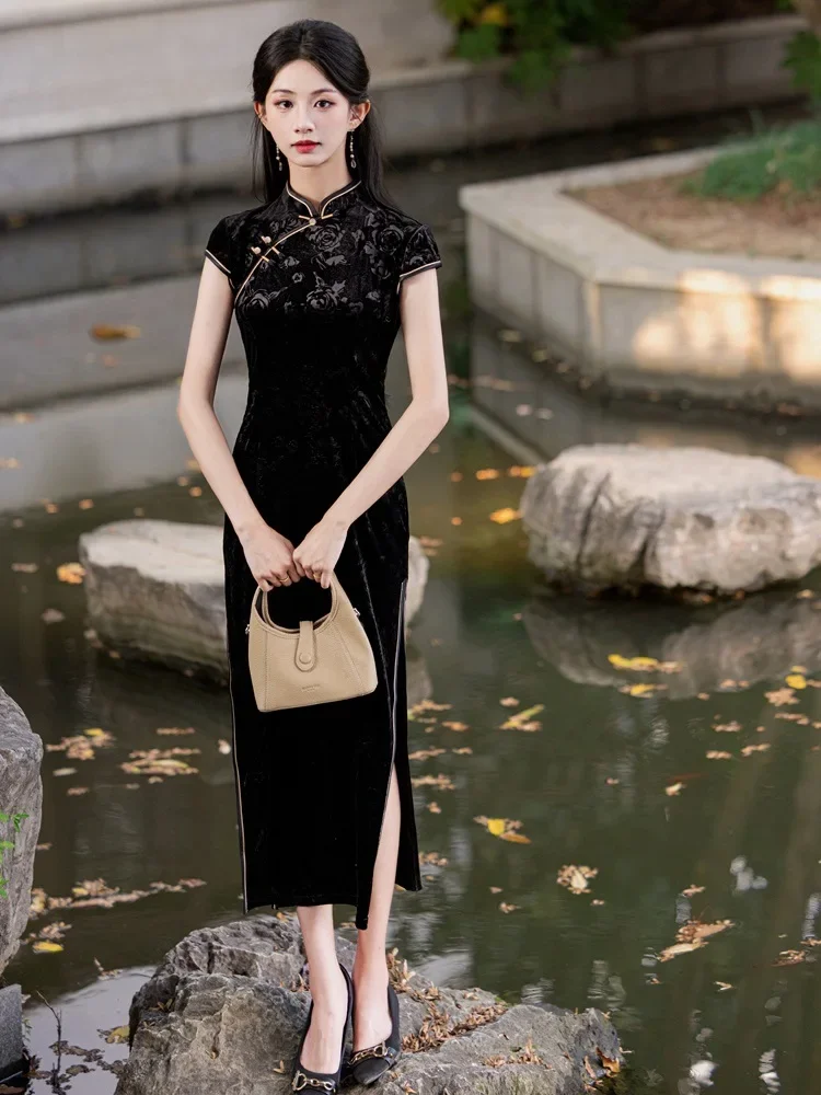 2024, новое длинное черное велюровое классическое платье Cheongsam без рукавов в стиле ретро в старом Шанхае, платье Qipao (art.: 3920cf16ef162) - 3920cf16ef162