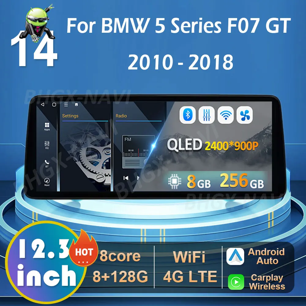 12,3-дюймовый охлаждающий вентилятор для BMW 5 серии F07 GT 2010 2011 2012 2013 2014-2018 Android 14 Wireless Carplay CIC NBT Syatem WIFI 4G