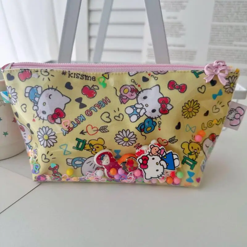 Фото Sanrio Hello Kitty ПВХ зыбучие пески прозрачный Diy бисер девушка удостоверение личности банковская карта сумка для хранения губная помада косметичка Рождественский подарок №4