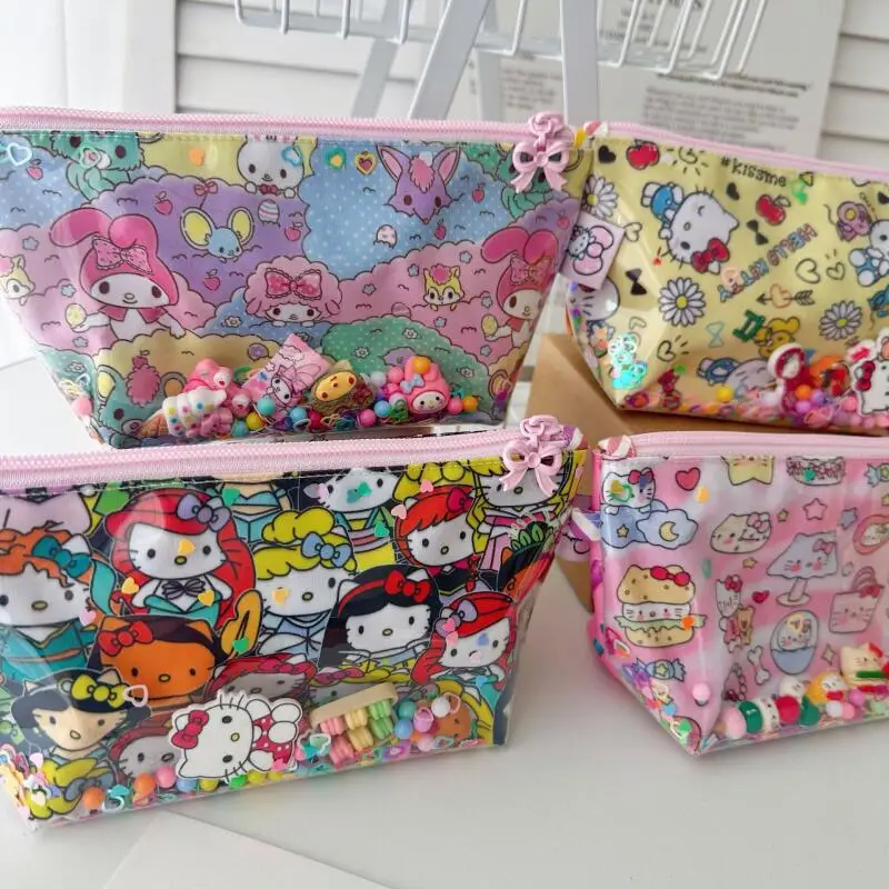 Фото Sanrio Hello Kitty ПВХ зыбучие пески прозрачный Diy бисер девушка удостоверение личности банковская карта сумка для хранения губная помада косметичка Рождественский подарок №2