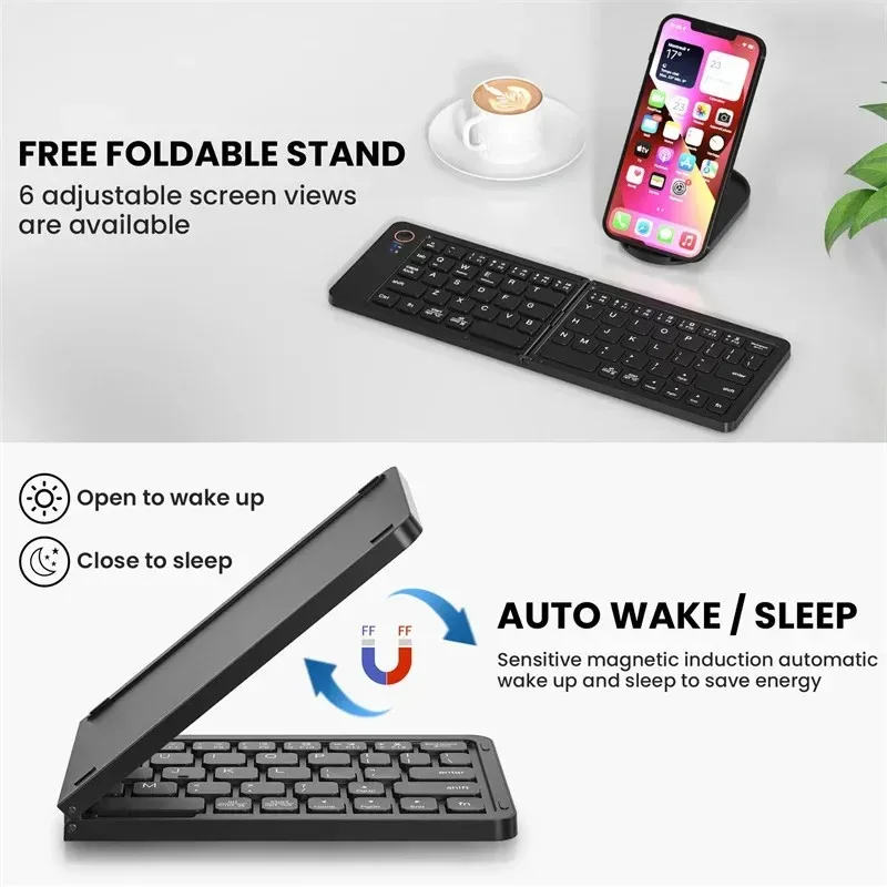 Фото Мини-складная клавиатура, беспроводная клавиатура Bluetooth, портативная складная клавиатура, универсальная клавиатура для Windows, AndroidIOS, планшета, iPad №2