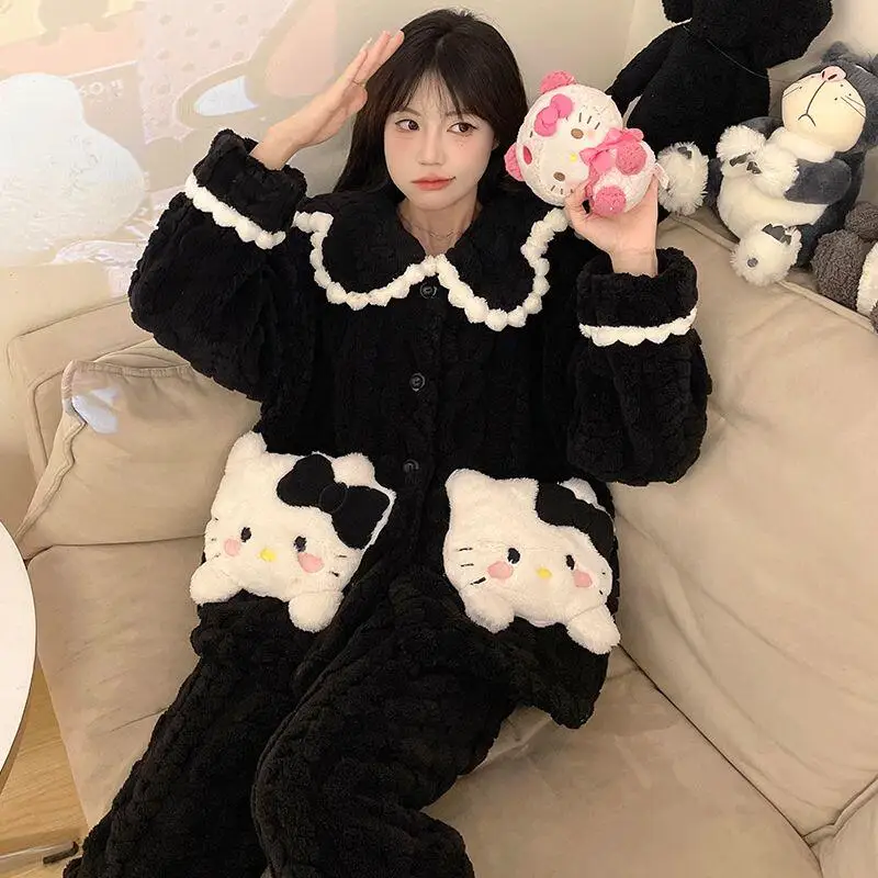 Sanrio, новый стиль, пижамы, 2 шт., коралловый бархат Hello Kitty, домашняя одежда, осенне-зимний утолщенный фланелевой костюм большого размера, милый хит продаж