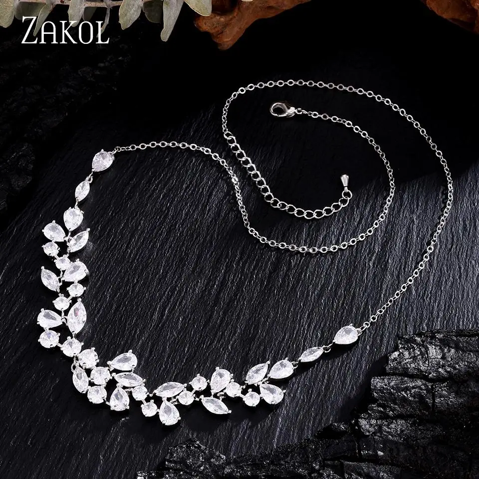 Фото ZAKOL изысканное модное ожерелье в форме листа с микро-набором из циркона для женщин, простое темпераментное свадебное украшение для вечеринки №2