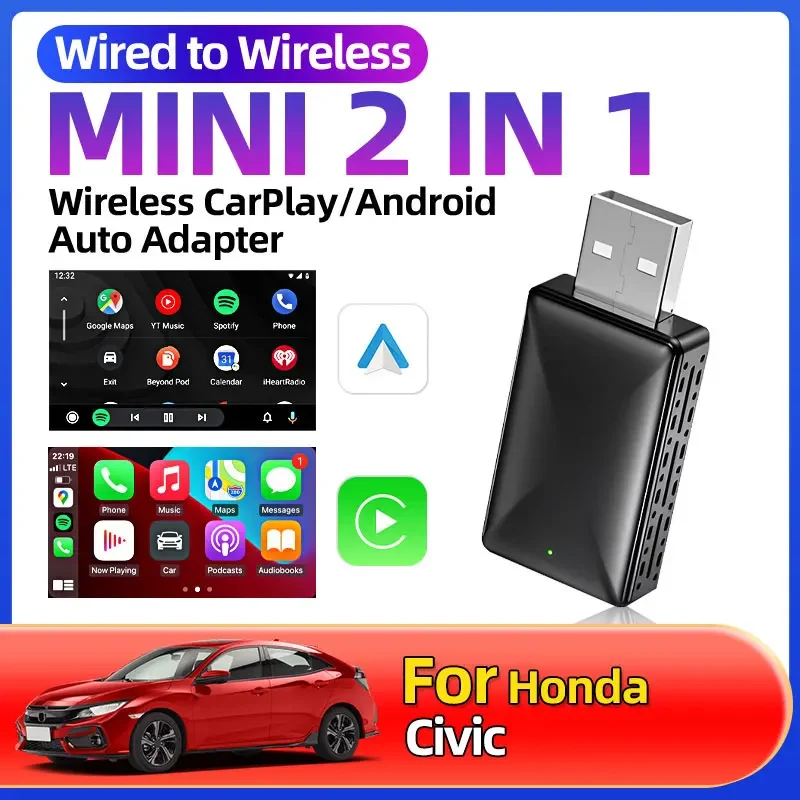 Для Honda Civic 1 шт. НОВЫЙ беспроводной CarPlay Android Auto Универсальный беспроводной адаптер Smart Mini Box Plug and Play Wi-Fi Быстрое подключение