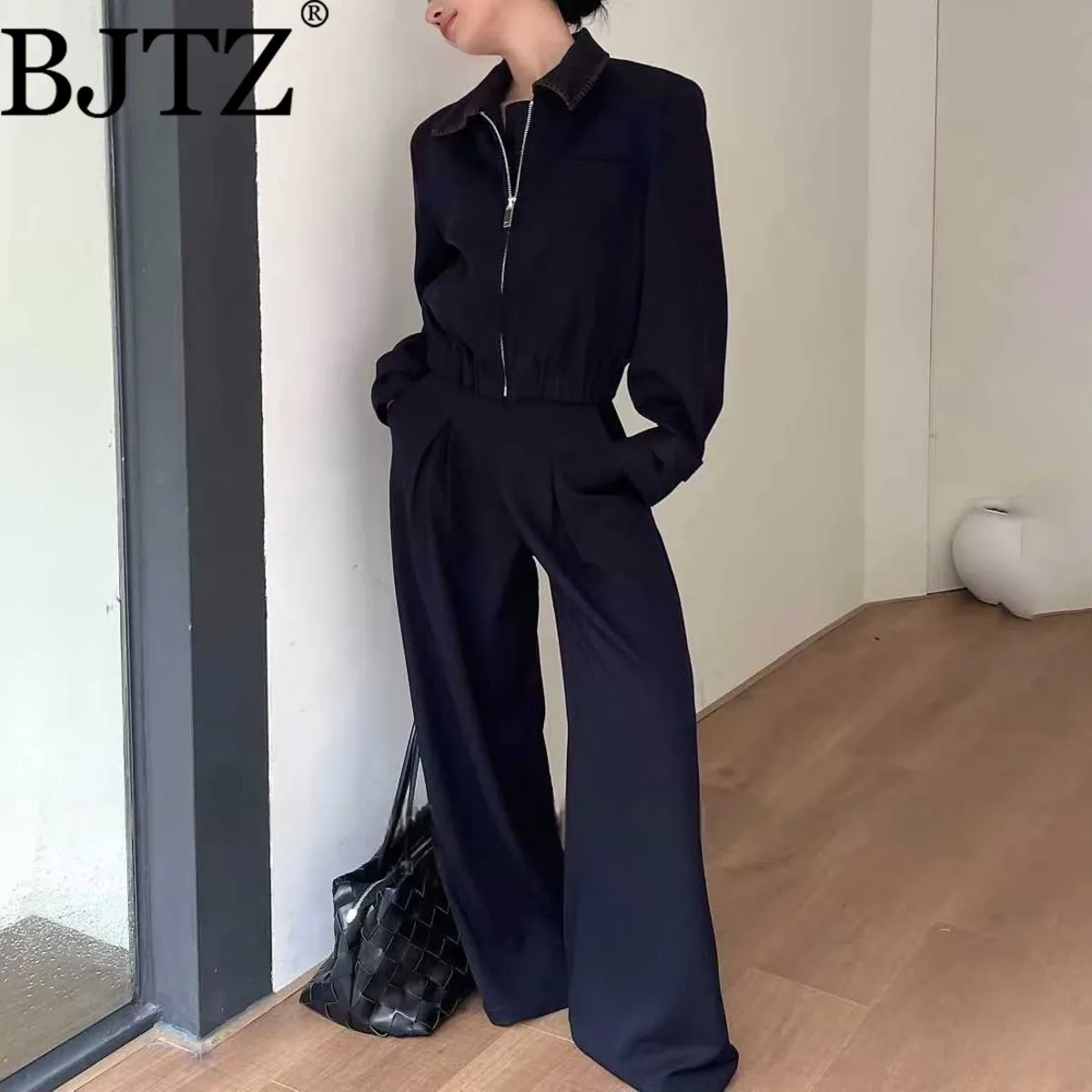 BJTZ Fashion So Cool Короткая куртка Топ + широкие прямые брюки Комплект из двух предметов для женщин 2025 Весна Осень Новые модные женские комплекты