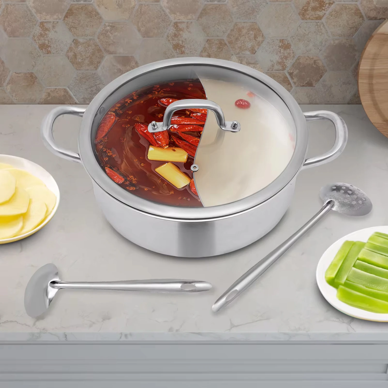 Двухсторонний разделитель Shabu из нержавеющей стали для приготовления супа, горячая кастрюля, кухонная утварь с крышкой