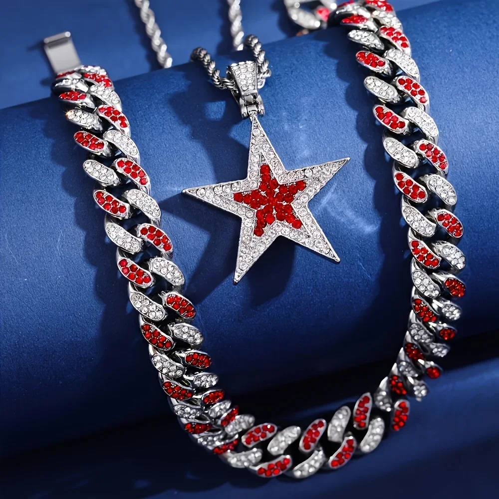 Фото 3pcs Sparkling Dazzling Pendant Necklaces - Imitation Diamond Studs, Astral Glamour Star Decor, Bold Hip-hop Cuban Chains №4