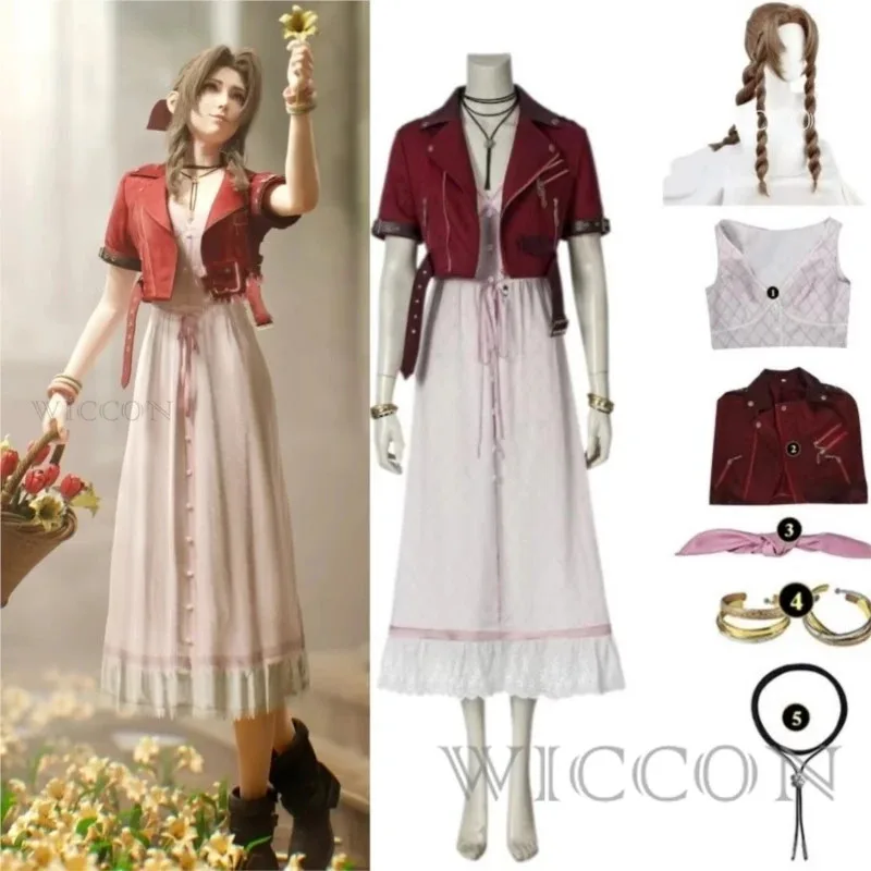 Фото Игра FF7 для взрослых Aerith Gainsborough Косплей Remake Хэллоуин Наряд Необычные женские красные куртки Розовое платье по индивидуальному заказу;3.k'6;d.a; №3