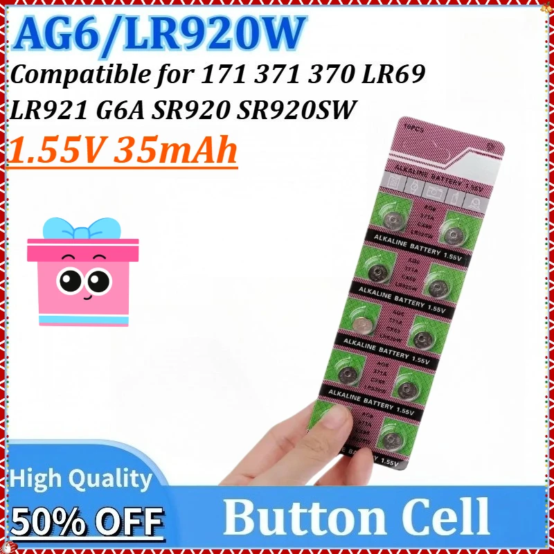 1,55 В 35 мАч LR920 AG6 171 371 370 G6A SR920 LR69 LR921 Кнопочный аккумулятор для часов, игрушек, пульт дистанционного управления SR920SW, щелочная батарея, монета