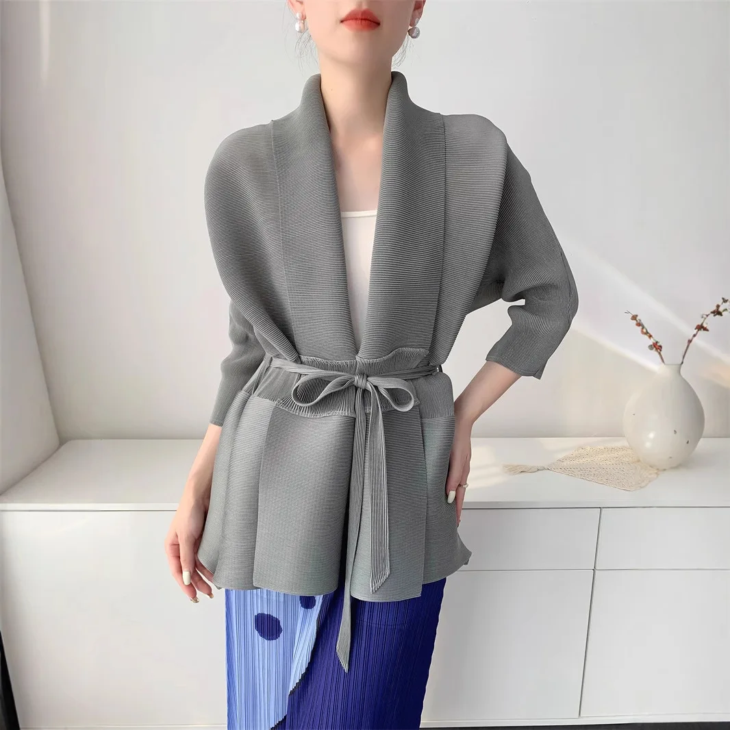 Фото Miyake плиссированная куртка для пожилых людей, складная куртка, женский однотонный плиссированный кардиган, темпераментный летний новый повседневный плиссированный топ со складками №3