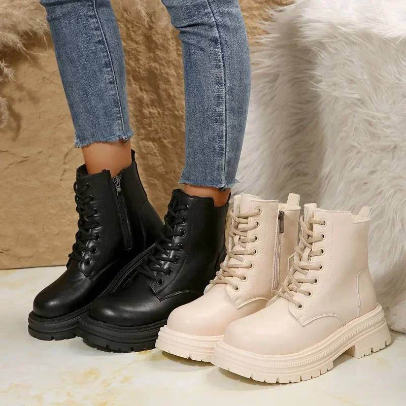 Botas De Suela Gruesa A Moda Para Mujer, Botines De Combate De Cuero Con Cabeza Redonda, Zapatos Saltidos Gru 3% Negros 2024