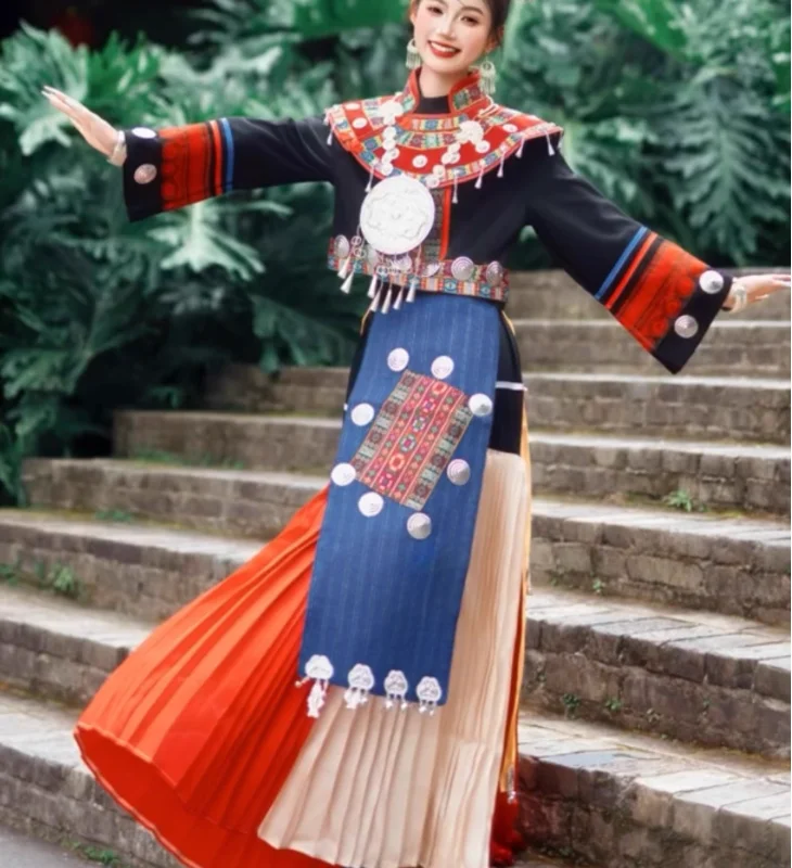Китайский хмонг женский комплект с вышивкой Tujia этнический костюм для выступлений