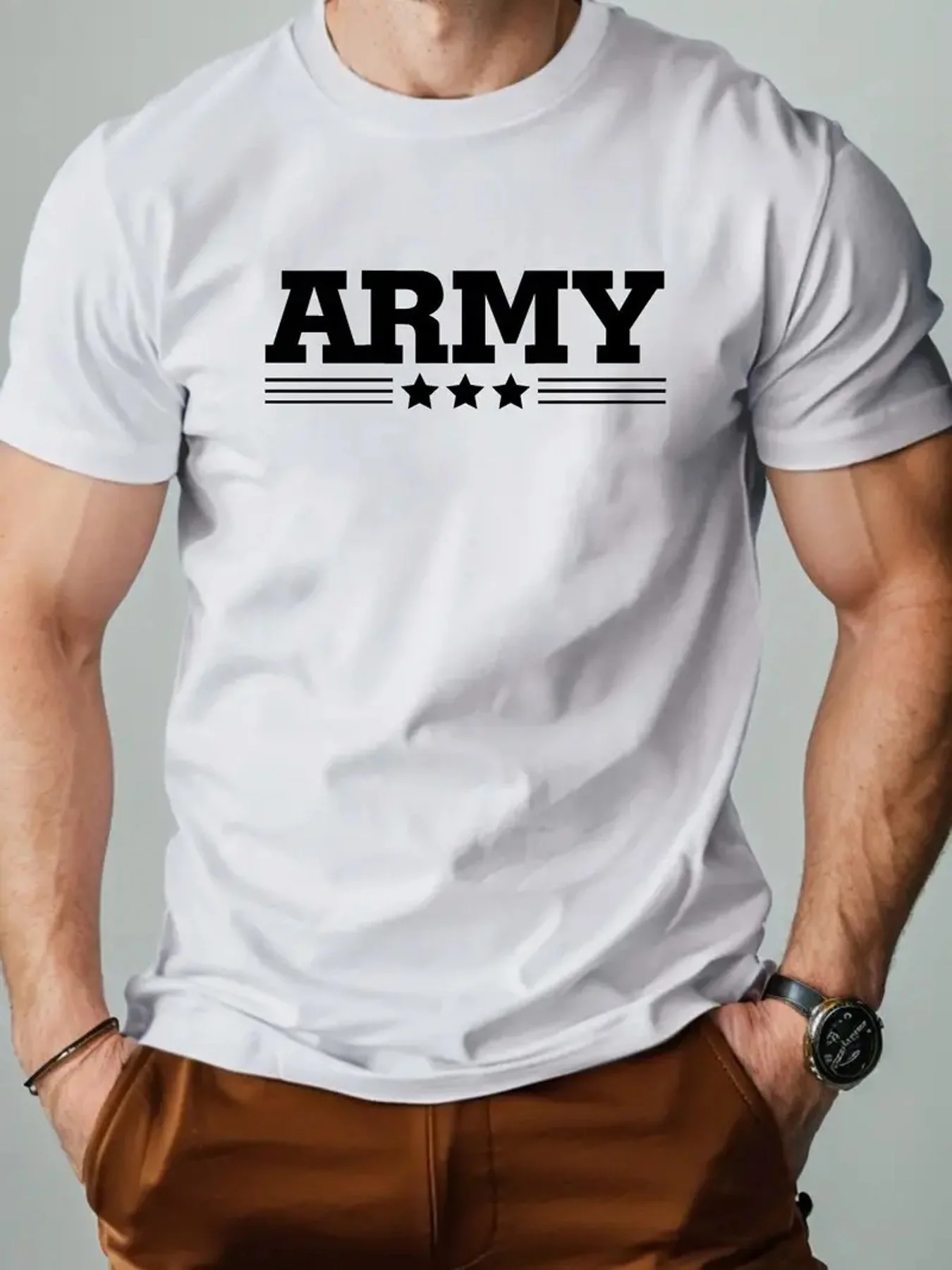Фото Мужская классическая хлопковая футболка ARMY — удобная и модная футболка с круглым вырезом и короткими рукавами с принтом премиум-класса, повседневная уличная одежда, все- №2