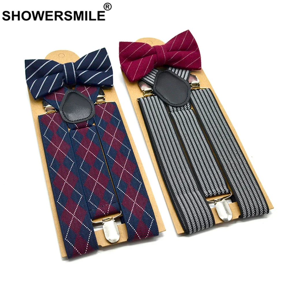 SHOWERSMILE, черно-белый полосатый комплект подтяжек с галстуком-бабочкой, мужские подтяжки для брюк, британская мода, мужская рубашка, подтяжки шириной 3,5 см (art.: 3920ccd4594ec) - 3920ccd4594ec