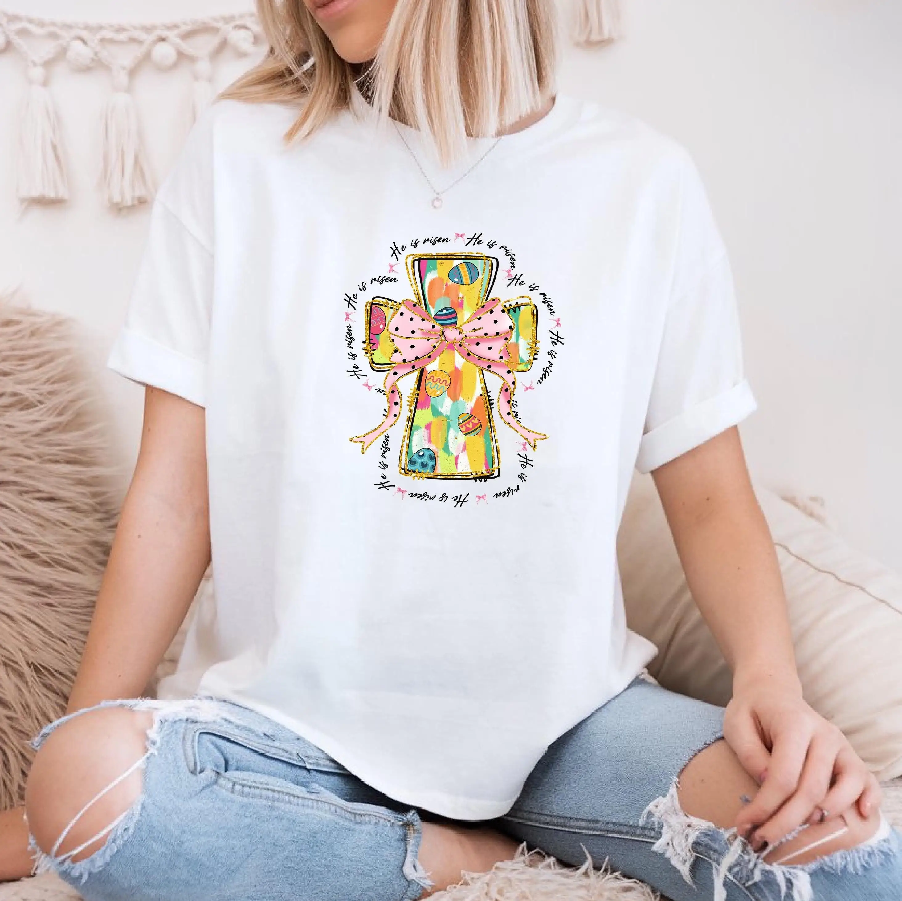Футболка с пасхальным крестом Coquette He is Risen, красочный блеск с кистью Иисуса