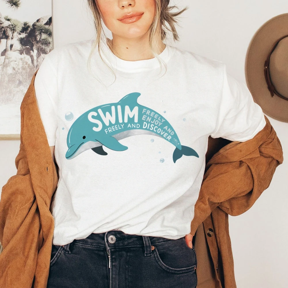 Фото Женская одежда Cute Catoon Dophin Swim Freely Enjoy Y2K, хлопковая повседневная футболка с круглым вырезом, футболки с графическим рисунком, уличная одежда, красочные №5