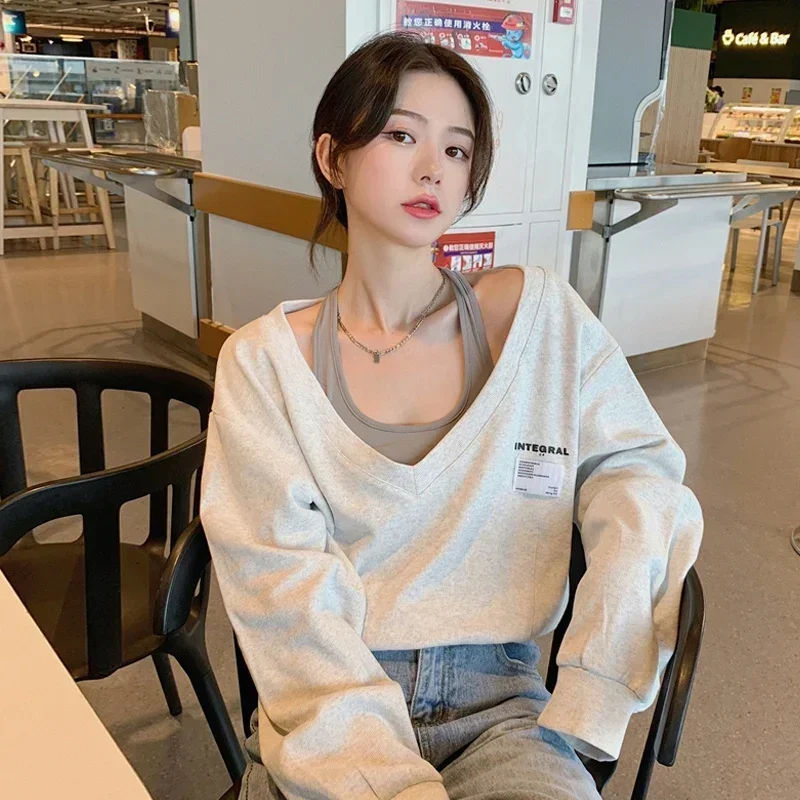 Palsu dua Hoodie pakaian wanita lengan Gel V-neck kasual Fashion Y2k atasan 2025 Ropa Mujer Off Shoulder Korea Y2k kaus