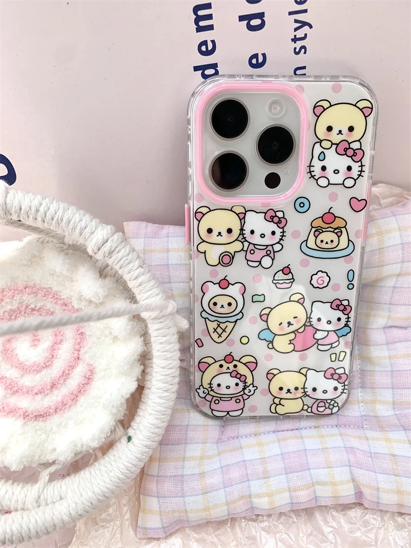 Фото Милый чехол для телефона с рисунком клубничного торта Hello Kitty Медведь КТ для iPhone 13 12 14 15 16 Pro Max 3D мультяшный бант с мороженым КТ защитный чехол №2