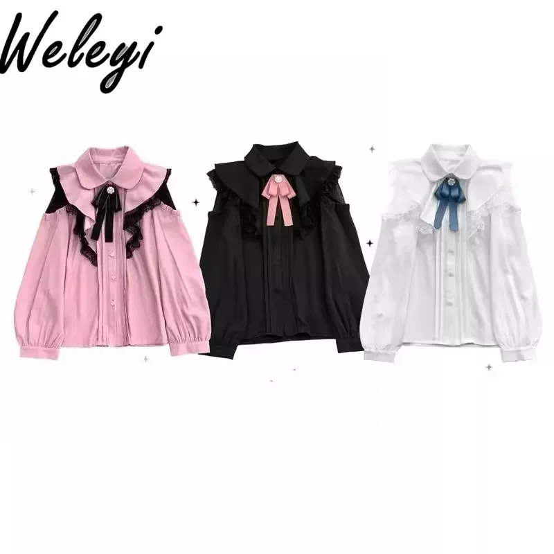 Розовые рубашки Kawaii Lolita Mine с кружевной отделкой, весенние женские рубашки в японском стиле Cutecore с воротником-поло и длинными рукавами, прямые Koszule I Bluzki