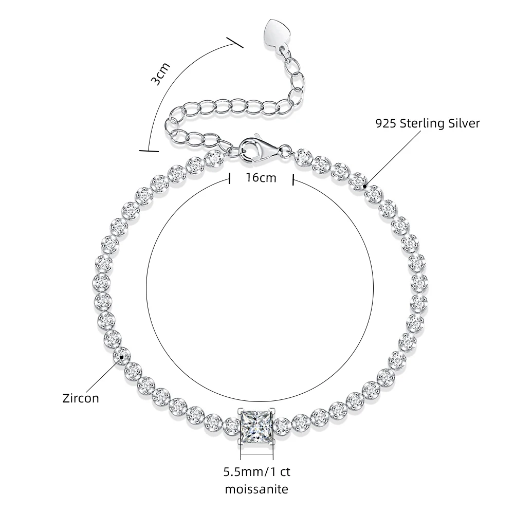 Фото LinkerLove 925 Sterling Silver Tennis Bracelets for Women 1ct Princess Cut D VVS1 Moissanite Bracelets Fine Jewelry Gift for Her №2