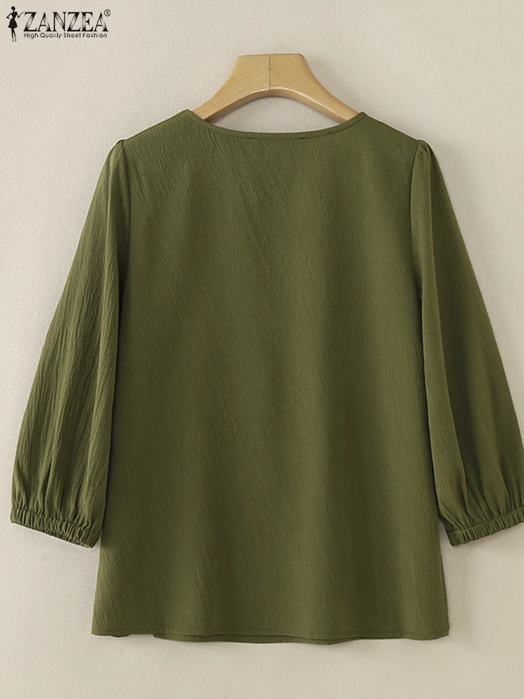 Фото ZANZEA Простые повседневные туники Blusas Mujer из жатого материала с рукавами 3/4 и круглым вырезом, свободные повседневные блузки 2024, осенние женские блузки №5