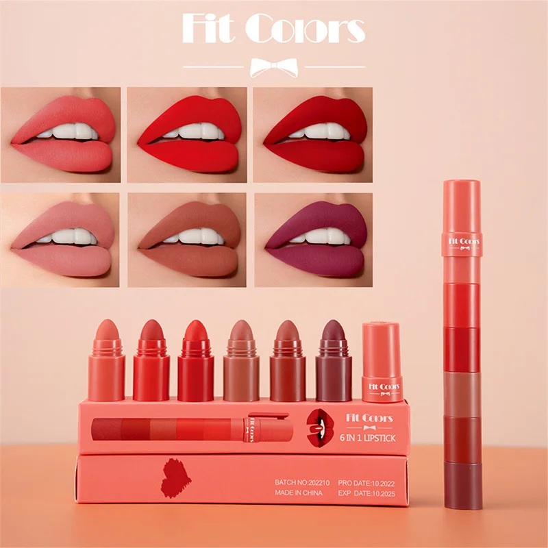 Матовая помада Fit Colors 6 в 1, портативная бархатная компактная антипригарная помада, ручка, креативная косметика для губ, макияж