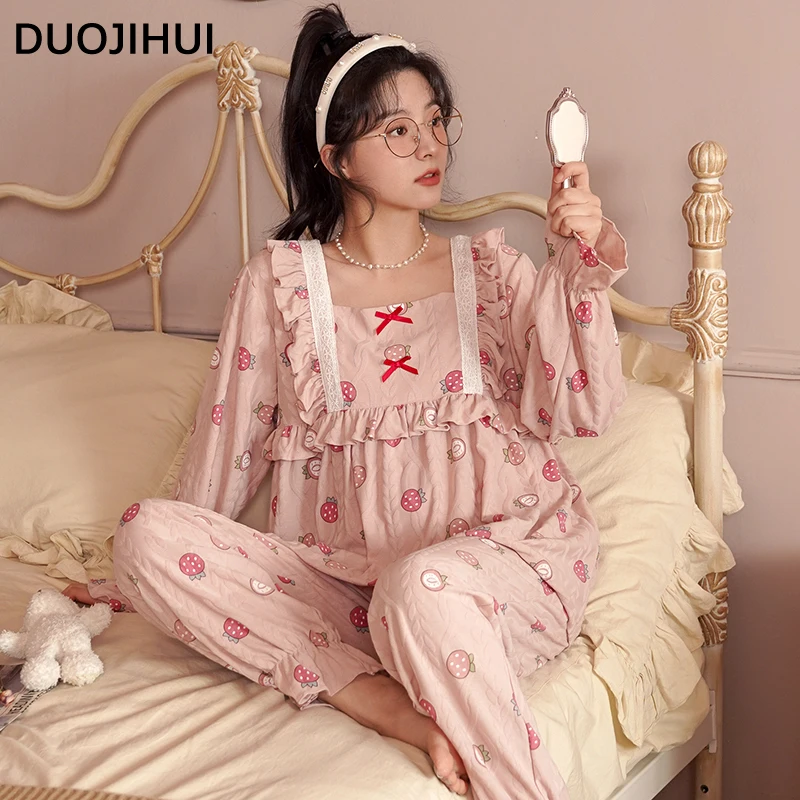 DUOJIHUI новинка, осенняя Милая женская пижама из двух предметов, шикарный топ с длинным рукавом и принтом, базовые модные брюки, Повседневная Пижама для женщин