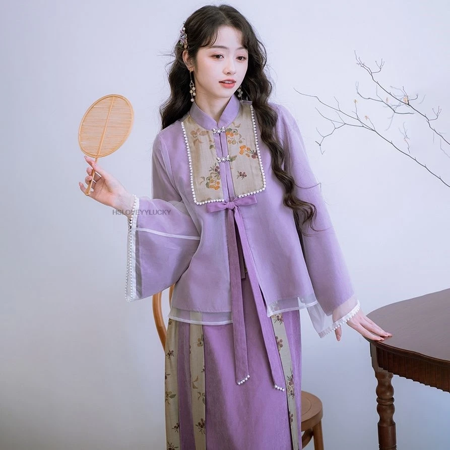 Spring And Summer Chinese Song Dynasty Improved Hanfu Women Top Women Gental Long-sleeve Top And Half Skirt two-piece Purple Set