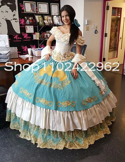 Белое небесно-голубое платье принцессы Мексики Quinceanera по индивидуальному заказу с открытыми плечами и вышивкой в виде лошади на шнуровке Charro