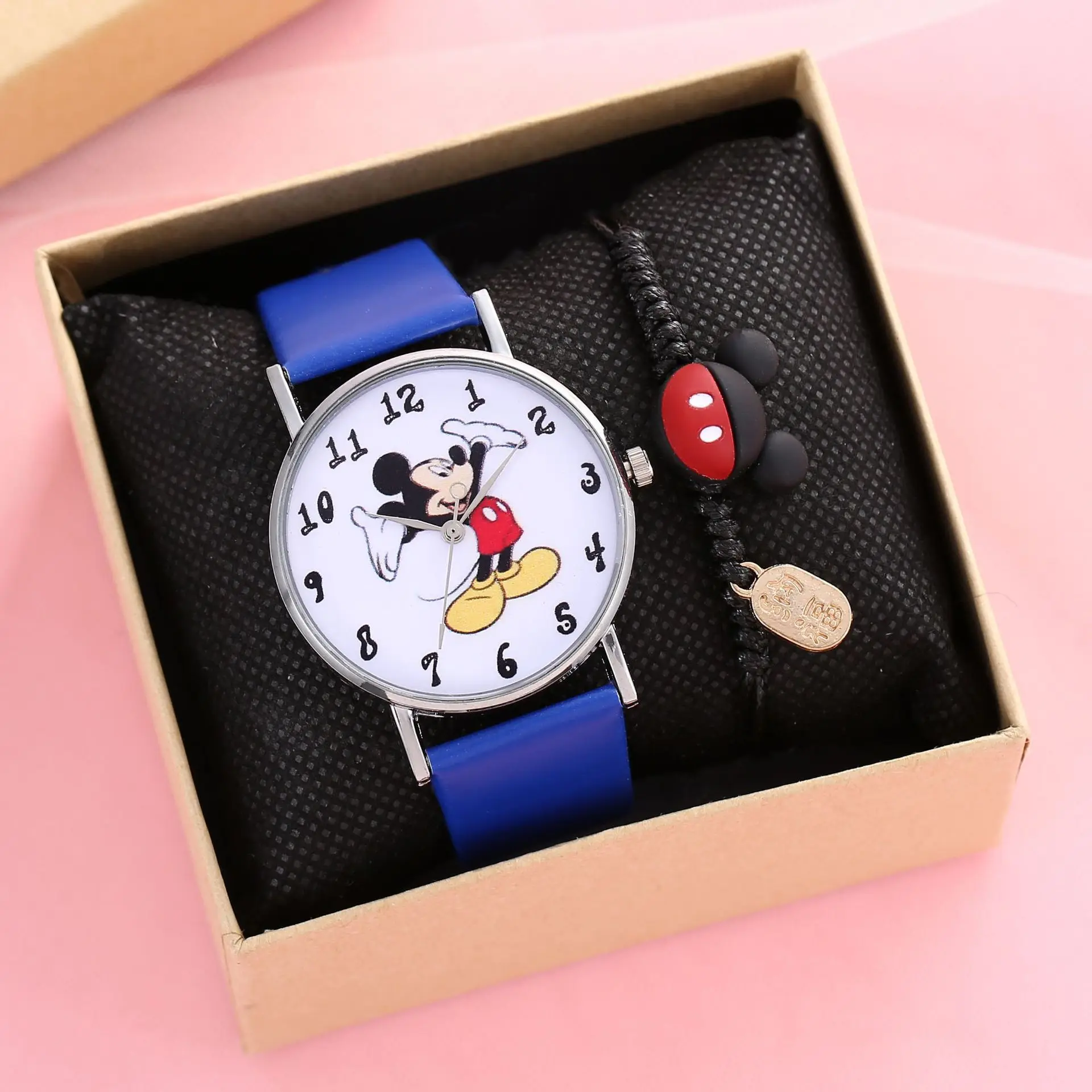 Фото Детские часы Disney с Микки Маусом, аниме фигурка Микки Мауса, ПУ, цифровая указка, кварцевые детские часы, набор часов + браслет с коробкой, подарки №3