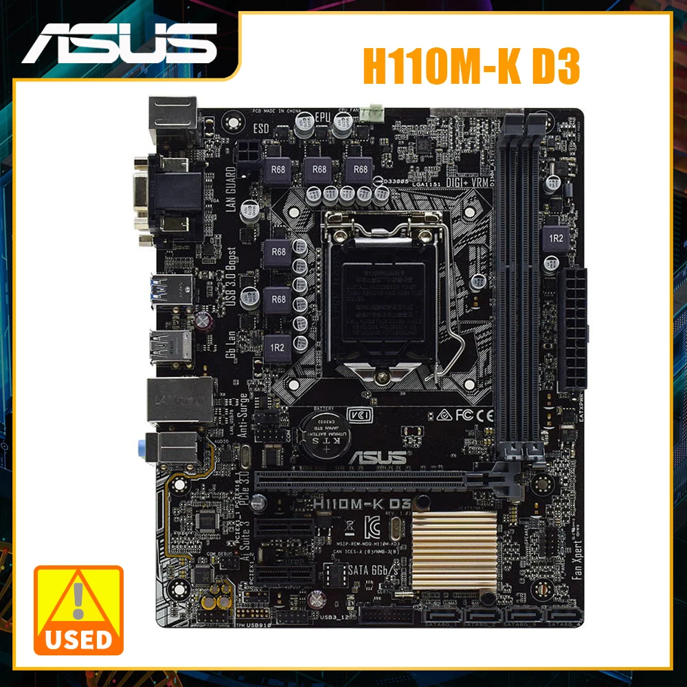Материнская плата LGA 1151 ASUS H110M-K D3, материнская плата DDR3 Intel H110 32 Гб PCI-E 3,0 USB3.0 Micro ATX для процессора Core i5 6600K i3 7350K